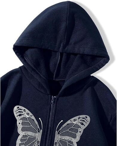 Harajuku Women's Zipper Connecting Gothic Butterfly Printing Hatshirt Y2K zipper retro -graphic hoodie in Kuwait