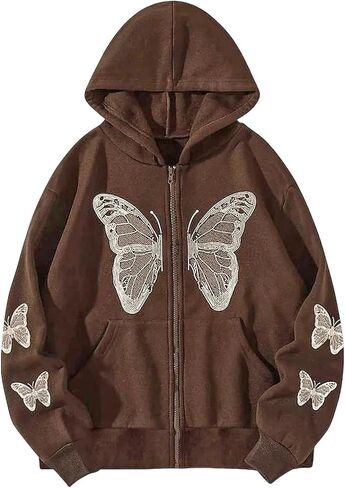 Harajuku Women's Zipper Connecting Gothic Butterfly Printing Hatshirt Y2K zipper retro -graphic hoodie in Kuwait