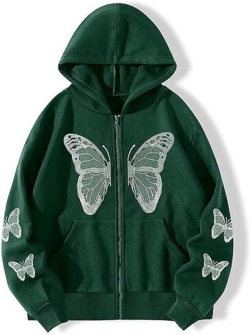Harajuku Women's Zipper Connecting Gothic Butterfly Printing Hatshirt Y2K zipper retro -graphic hoodie in Kuwait