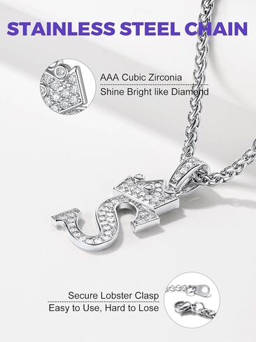 Richsteel Silver Crown Initial A-Z Necklace, Cubic Zirconia Letter Pendant with 22"+2'' Adjustable Chain, Men Women Bling Hip Hop Jewelry for Father's Day/Anniversaries/Birthdays in Saudi Arabia