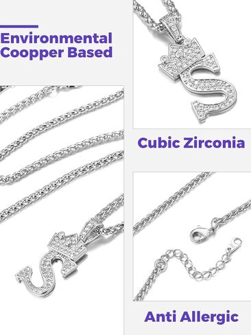 Richsteel Silver Crown Initial A-Z Necklace, Cubic Zirconia Letter Pendant with 22"+2'' Adjustable Chain, Men Women Bling Hip Hop Jewelry for Father's Day/Anniversaries/Birthdays in Saudi Arabia