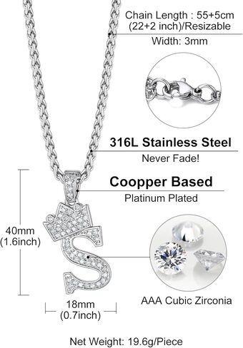 Richsteel Silver Crown Initial A-Z Necklace, Cubic Zirconia Letter Pendant with 22"+2'' Adjustable Chain, Men Women Bling Hip Hop Jewelry for Father's Day/Anniversaries/Birthdays in Saudi Arabia