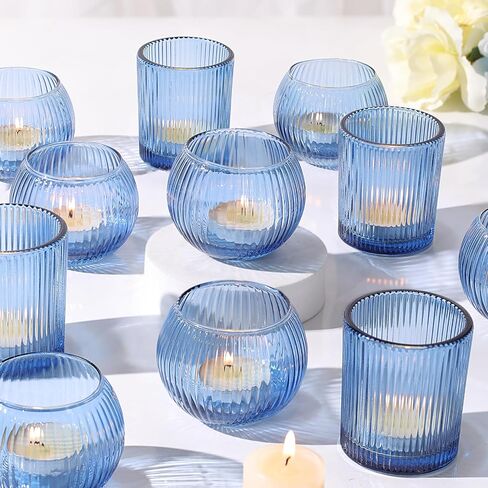 30pcs Assorted Ribbed Blue Votive Candle Holders, Blue Candle Holders for Wedding Table Centerpiece, Tea Light Candle Holder for Bridal Shower, Propose Party, Brithday and Holiday Decorations in Kuwait