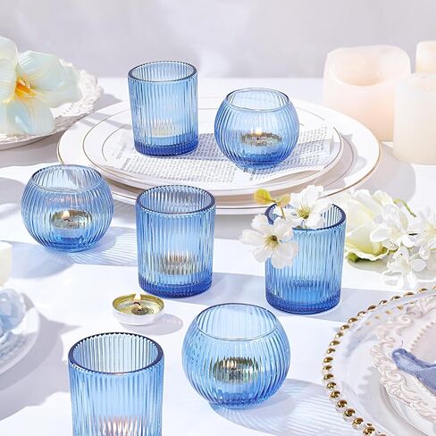 30pcs Assorted Ribbed Blue Votive Candle Holders, Blue Candle Holders for Wedding Table Centerpiece, Tea Light Candle Holder for Bridal Shower, Propose Party, Brithday and Holiday Decorations in Kuwait