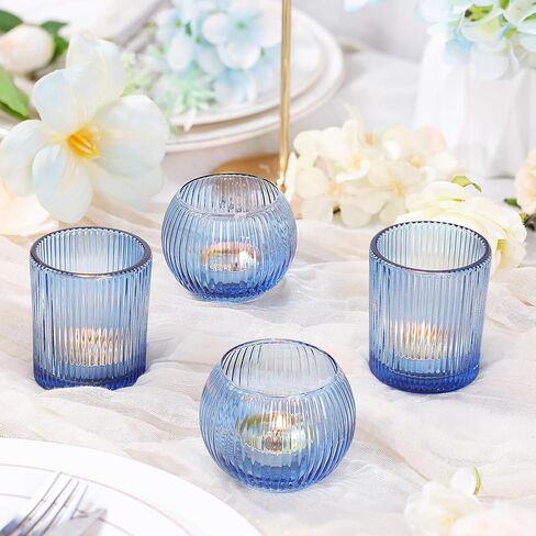30pcs Assorted Ribbed Blue Votive Candle Holders, Blue Candle Holders for Wedding Table Centerpiece, Tea Light Candle Holder for Bridal Shower, Propose Party, Brithday and Holiday Decorations in Kuwait