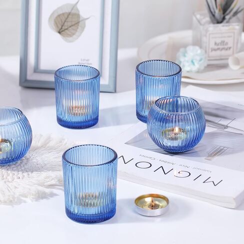30pcs Assorted Ribbed Blue Votive Candle Holders, Blue Candle Holders for Wedding Table Centerpiece, Tea Light Candle Holder for Bridal Shower, Propose Party, Brithday and Holiday Decorations in Kuwait