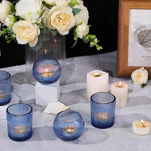 30pcs Assorted Ribbed Blue Votive Candle Holders, Blue Candle Holders for Wedding Table Centerpiece, Tea Light Candle Holder for Bridal Shower, Propose Party, Brithday and Holiday Decorations in Kuwait