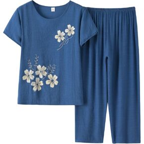 Fondthy Women's 2 قطعة من الكتان ملابس قصيرة الأكمام صالة طباعة الأزهار مجموعات Crewneck Summer Suits