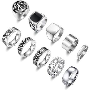10 Pcs Men's Stainless Steel Vintage Signet Ring Square Pinky Thumb Chunky Thin Band Ring Vintage Biker Band Rings Set 7-13