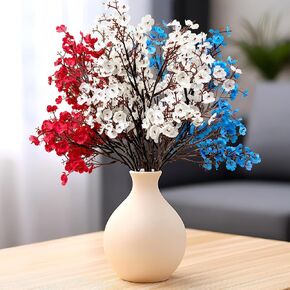 4th Fourth of July Artificial Flowers for Home Decor, 10 PCS Patriotic Red White Blue Fake Silk Babys Breath Realistic Bouquet, USA Americana Floral Arrangement Decorations for Table Centerpiece