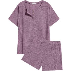 مجموعات Ekouaer Pajama للنساء 2 قطعة للسيدات مضلع صالة متماسكة مجموعة قصيرة الأكمام هينلي الرقبة والسروال مع جيوب