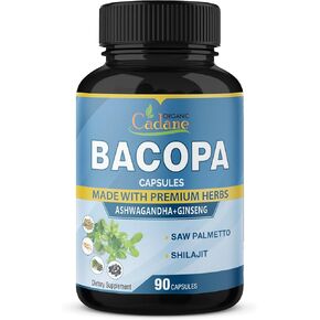 Organic Cadane Bacopa Monnieri Supplement - Blended with Ashwgandha, Ginseng, Saw Palmetto, Shilajit - 90 Capsules for 3 Month Supply