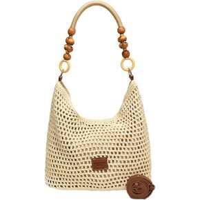Crochet Cotton Bag for Women Summer Beach Woven Hobo Handbag Fashion Bead Handmade Shoulder Bag Purse