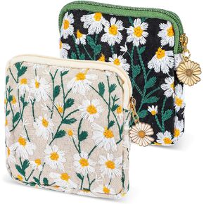 2 Pcs Daisies Sanitary Napkin Storage Bag, Daisy Embroidery Tampon Holder Pouch with Zipper, Portable Period Bag Nursing Pads Holder Storage Pouches for Women Teen Girls (Black + Beige)