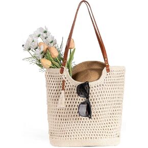 Women's Crochet Beach Tote Bag - Summer Boho Knit Woven Hollow Mesh Tote Bag with Zipper Pocket for Travel Vacation Beach Essentials 2025