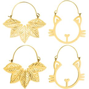 LADEMAYH Lightweight Ear Hangers Gold Earrings for Ear Tunnels Gauges- Cat and Maple Design Stainless Steel Body Piercing Jewelry 2 Pairs Selling
