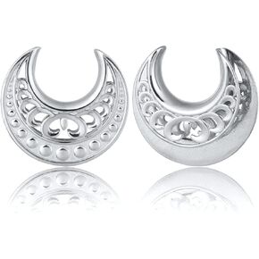 LADEMAYH 2Pcs 0g Plugs for Women, Elegant Silver Size 0 Gauge Earrings, Exquisite Patterns Surgical Steel Ear Tunnels Saddle