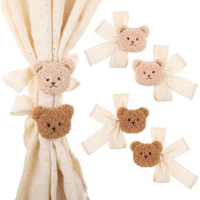 4Pcs Cute Bear Curtain Tiebacks, Cute Bear Curtain Ties Embroidered Little Animal Head Tiebacks Cartoon Animal Shape Curtains Holder Window Treatment for Bedroom Decor Accessories