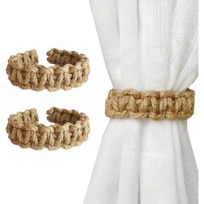 2-Pack Boho Hemp Rope Curtain Tiebacks, Decorative Woven Holdback Hooks, 8.7 inch