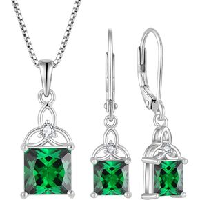 Celtic Trinity Knot Jewelry Set 925 Sterling Silver May Birthstone Emerald Necklace Earrings Irish Good Luck Jewelry Gifts for Women