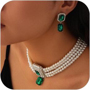 Pearl Choker Necklace for Women Earring&Necklace Set Fashion Gemstone Crystal Necklace for Party and Wedding