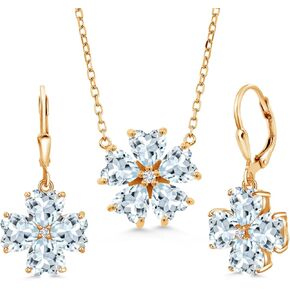 Gem Stone King 18K Yellow Gold Plated Silver Sky Blue Aquamarine and White Lab Grown Diamond Pendant Necklace Earrings Jewelry Set For Women (9.54 Cttw, Heart Shape 6MM, with 18 Inch Chain)