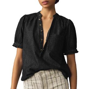 Locachy Women's Half Button Mock Neck Denim Shirt Casual Puff Short Sleeve Denim Blouse Top