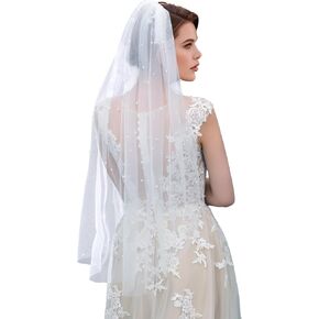 White Wedding Bridal Veil Pearl Bride Veil with Comb Tulle Short Headpiece for Women Brides Wedding Engagement Bachelorette Party