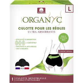 Organyc Organic Cotton Reusable Period Underwear, High Waist Panty, Ultra-Absorbent, Black, XS