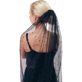 Black Pearl Veil 1 Tier Pencil Edge Wedding الزفاف الزفاف الحجاب طول التول تول أرفع الرؤوس الأنيقة مع مشط المعادن حجاب الهالوين للنساء والبنات (23.6 '')