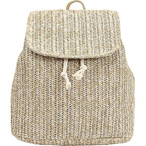 Women Medium Straw Woven Backpack Flap Drawstring Daypack