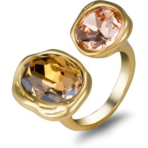 Antiqued Crystal Ring Cubic Zirconia Gemstones 18K Gold-Plated Adjustable Open Band Minimalist Vintage Statement Jewelry for Women