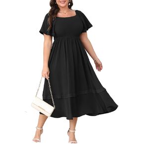 Womens Plus Size Summer Casual Dress Square Neck Short Sleeve Smocked Flowy A-Line Maxi Dress Lace Trim