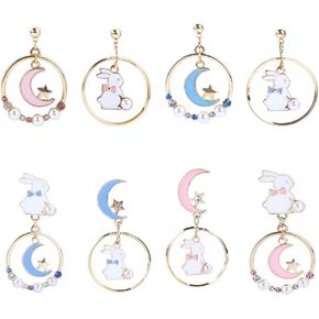 Leadigol 4 Pair Rabbit Drop Earring,Cute Enamel Dangle Earrings Moon Star Ear Clip Sweet Bunny Drop Earring for Women