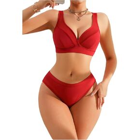 SOLY HUX Women's Lingerie Set Contrast Mesh Matching Bra and Panty Underwear Sets
