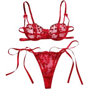 SOLY HUX Women's Embroidery Mesh Lingerie Set Sheer Bra and Tie Side Thong Panty Lingerie Sets