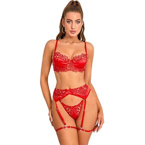 SweatyRocks Women's 4 Piece Lingerie Set Floral Lace Bra and Panty with Garter Nightwear Set