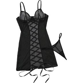 WDIRARA Women's Mesh Push Up Lingerie Set Lace Up Lingerie Babydoll Dress and Panty Set