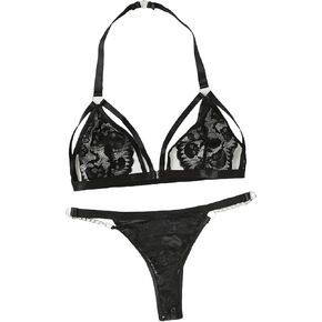 Skull Pattern Lace Lingerie Set, Halter Neck Strappy Bra & Chain Decor Thong (Black, X-Large)