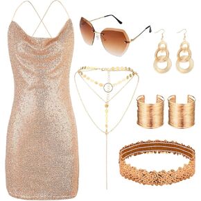 70s Outfits for Women, Disco Outfit Woman 70s Accessories Women Set with Glitter Sequin Dress Bracelet Earrings Sunglasses Necklace Headband