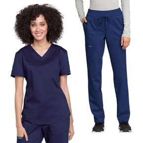 مجموعة شيروكي فرك للنساء v -neck قابلين للتثبت أعلى ww657 مع منتصف الساق مدبب الساق Scrub Pant WW105 ، Navy - M Top/M Pant