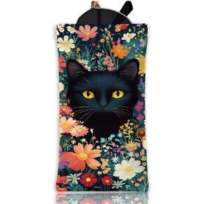 GLOBLELAND Black Cat Soft Glasses Case Graffiti Wildflowers Squeeze Top Eyeglass Case Travel PU Leather Sunglass Case Portable Sunglasses Pouch for Women Men