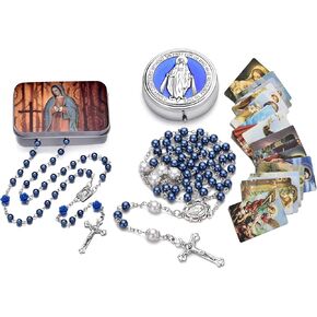 SZQCZB Blue Rosary Beads with Box and Prayer Cards