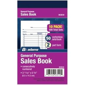 Adams General Purpose Sales Book, 2-Part, Carbonless, White/Canary, 3-11/32 x 5-5/8, 50 Sets per Book, 10 Pack (DC3510)