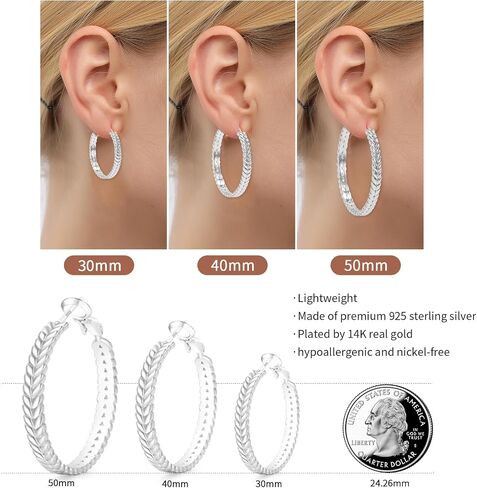 PABBEU Sterling Silver Hoop Earrings, 925 Sterling Silver Hoops Earrings for Women, Lightweight Silvers Hoops Earrings, Hypoallergenic Large Silvers Hoop Earrings for Women Gift 30/40/50MM in Kuwait