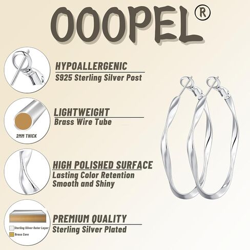 Oobel Gold Hoops أقراط للنساء ، أقراط Big 925 Sterling Silver Hoop أقراط خفيفة الوزن عنصير الفضة الفضية للنساء 30 مم 40 مم 50 مم 60 ملم in Kuwait