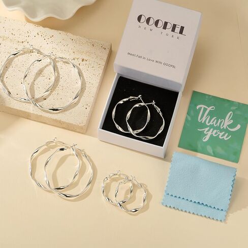 Oobel Gold Hoops أقراط للنساء ، أقراط Big 925 Sterling Silver Hoop أقراط خفيفة الوزن عنصير الفضة الفضية للنساء 30 مم 40 مم 50 مم 60 ملم in Kuwait