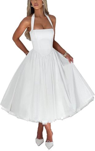 Women Summer Halter Dress Low Cut Sleeveless A Line Tulle Swing Flowy Tea Length Dress Corset Prom Formal Ball Gowns in Kuwait