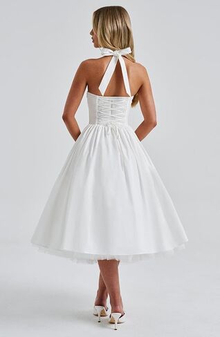 Women Summer Halter Dress Low Cut Sleeveless A Line Tulle Swing Flowy Tea Length Dress Corset Prom Formal Ball Gowns in Kuwait