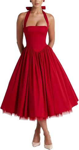 Women Summer Halter Dress Low Cut Sleeveless A Line Tulle Swing Flowy Tea Length Dress Corset Prom Formal Ball Gowns in Kuwait
